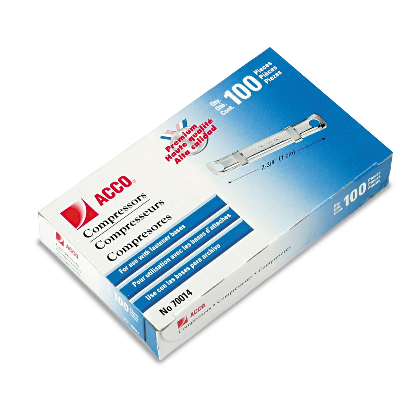 ACCO Premium Prong Fastener for Standard 2-Hole Punch (2 3/4" Centers), Compressor Only, 1" Capacity, Box of 100 - 70014